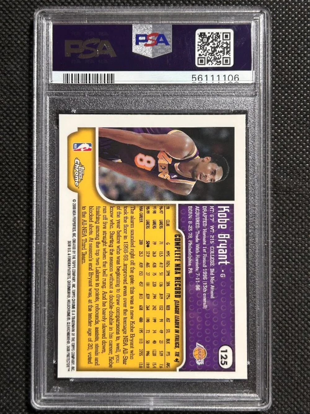 1999 TOPPS CHROME #125 KOBE BRYANT PSA 9 MINT LAKERS HOF